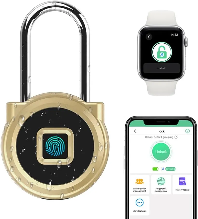 Fingerprint Padlock eLinkSmart Long Padlock with 45MM Shackle Weatherproof 1000 App User Combination Locker Lock for Gym Locker Fence Garden Cupboard Cabinet Gold