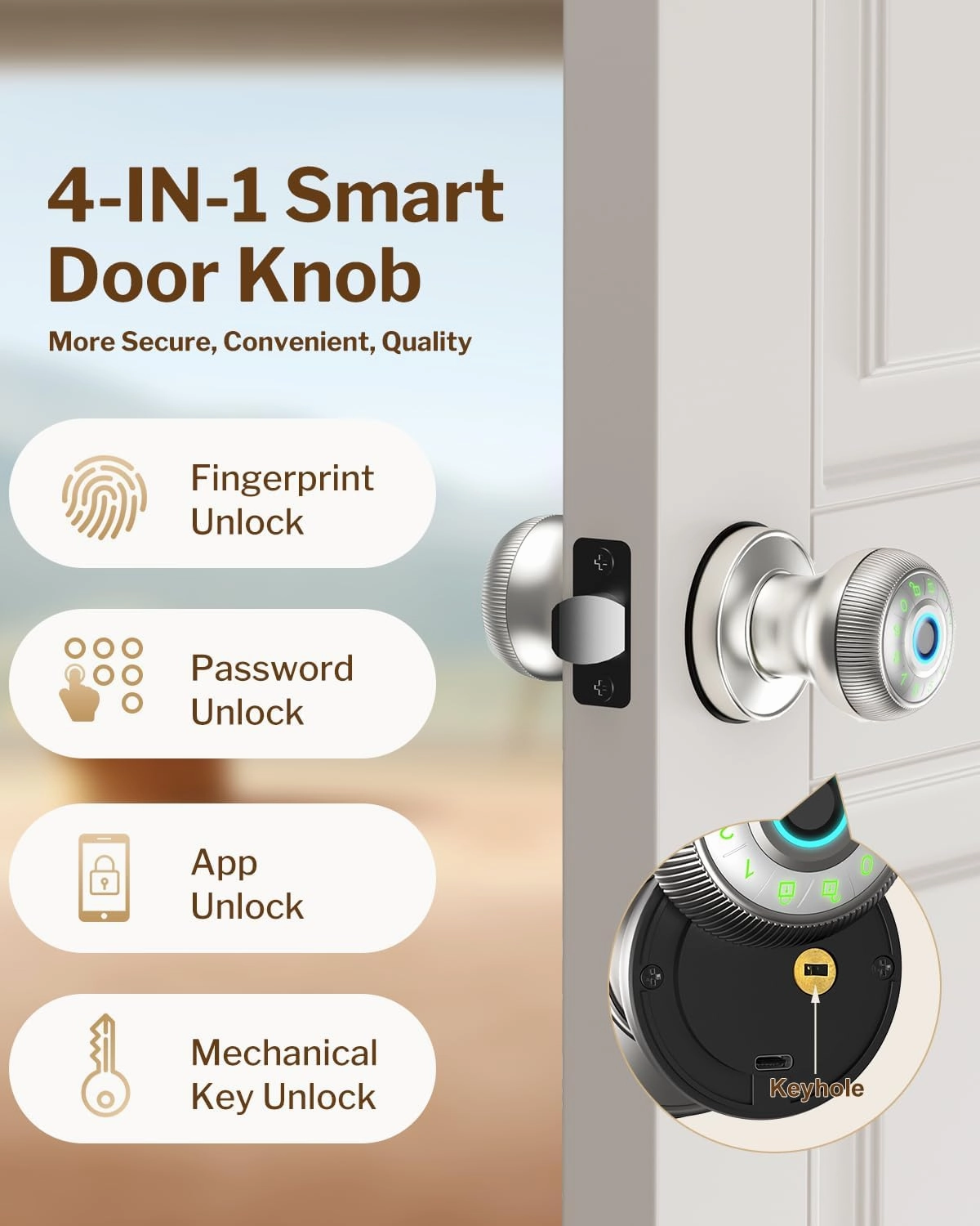 Fingerprint Door Lock - Smart Door Knob with Passcode Keypad, Finger Print Biometric Door Knobs & App Control, Keyless Smart Door Lock for Apartment Bedroom Hotel Office (White)