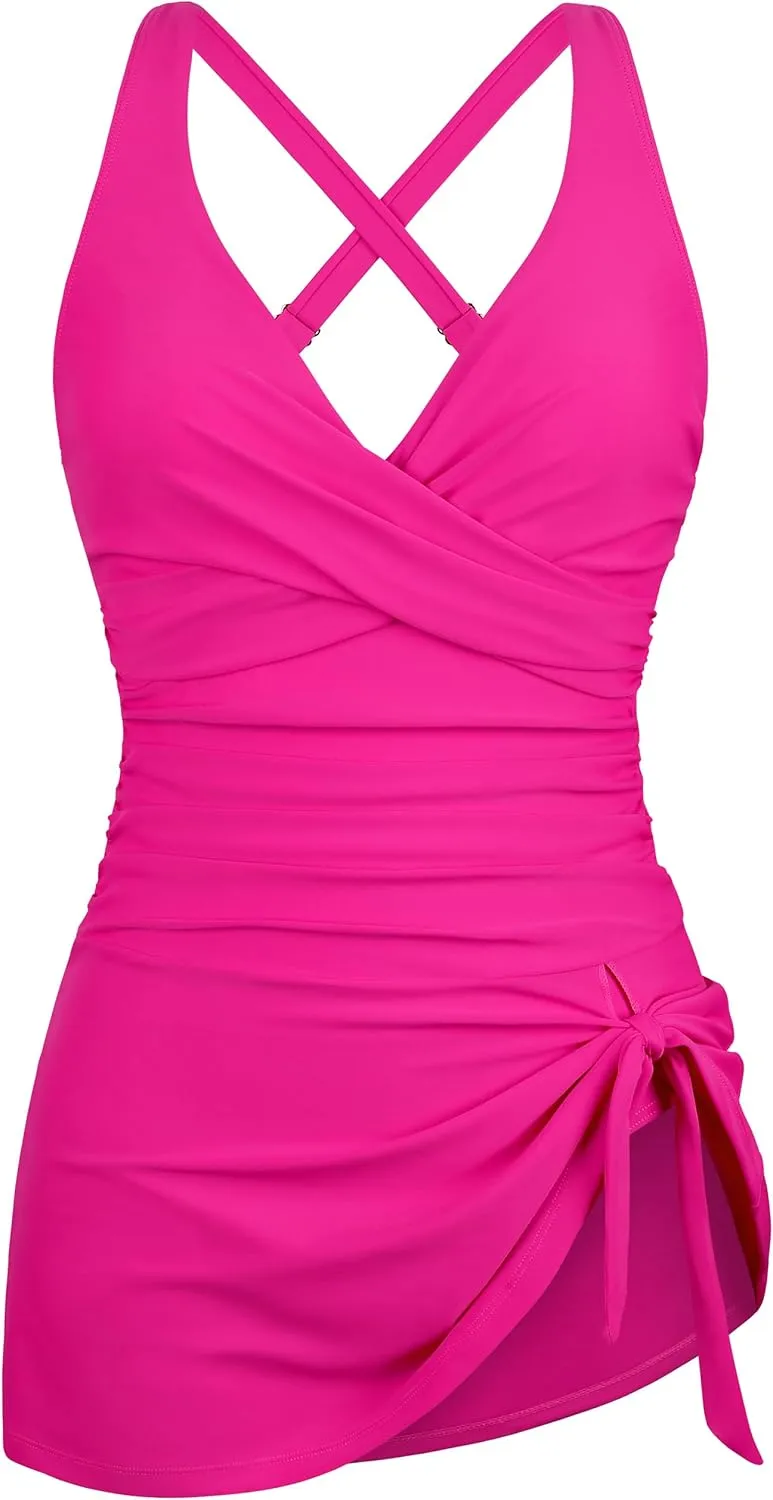Firpearl Women's Underwire One Piece Swimdress Tummy Control Slimming Swim Dresses Criss Cross V Neck Skirt Bathing Suit