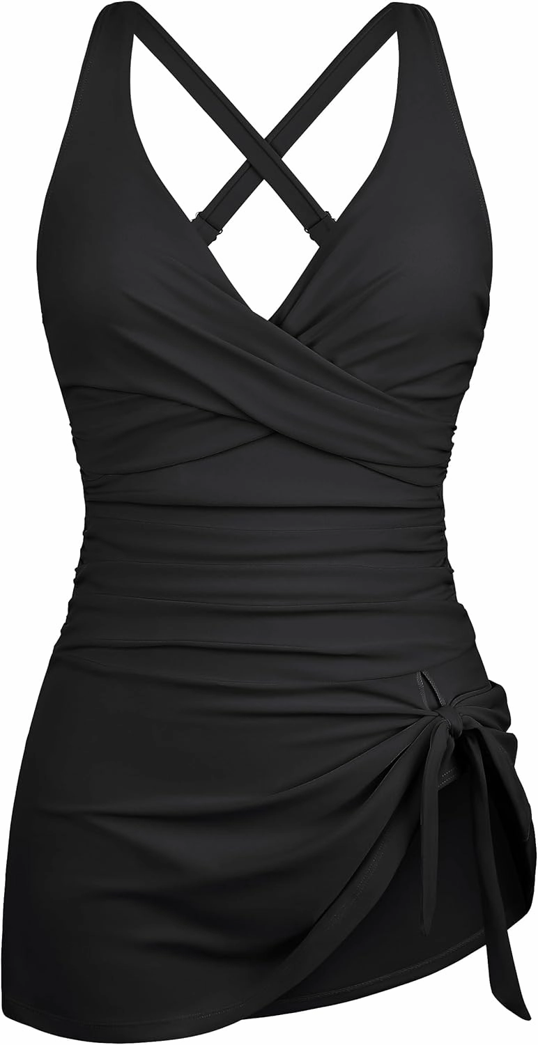 Firpearl Women's Underwire One Piece Swimdress Tummy Control Slimming Swim Dresses Criss Cross V Neck Skirt Bathing Suit