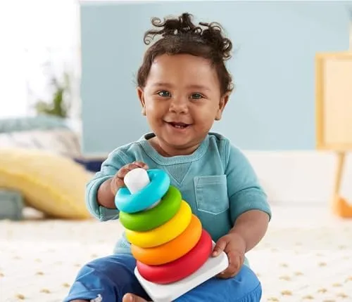 Fisher-Price Baby Stacking Toy Rock-A-Stack Rings with Roly-Poly Base for Ages 6  Months, Made with Plant-Based Materials