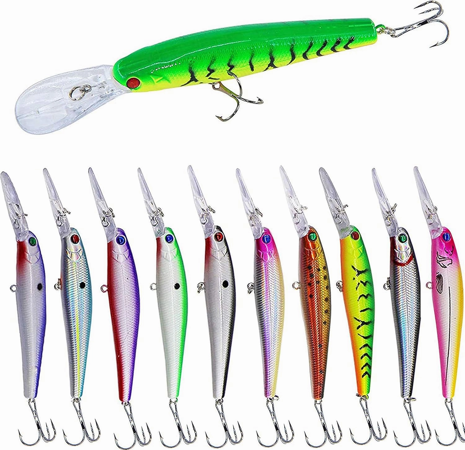 Fishing Lures Hard Baits Bass Crankbait Minnow Lures, 10pcs Deep Diving Swimbait with Strong Treble Hook 3D Lifelike Eyes Walleye Lures Fishing Lures for Bass Trout Walleye Catfish Redfish Pikes