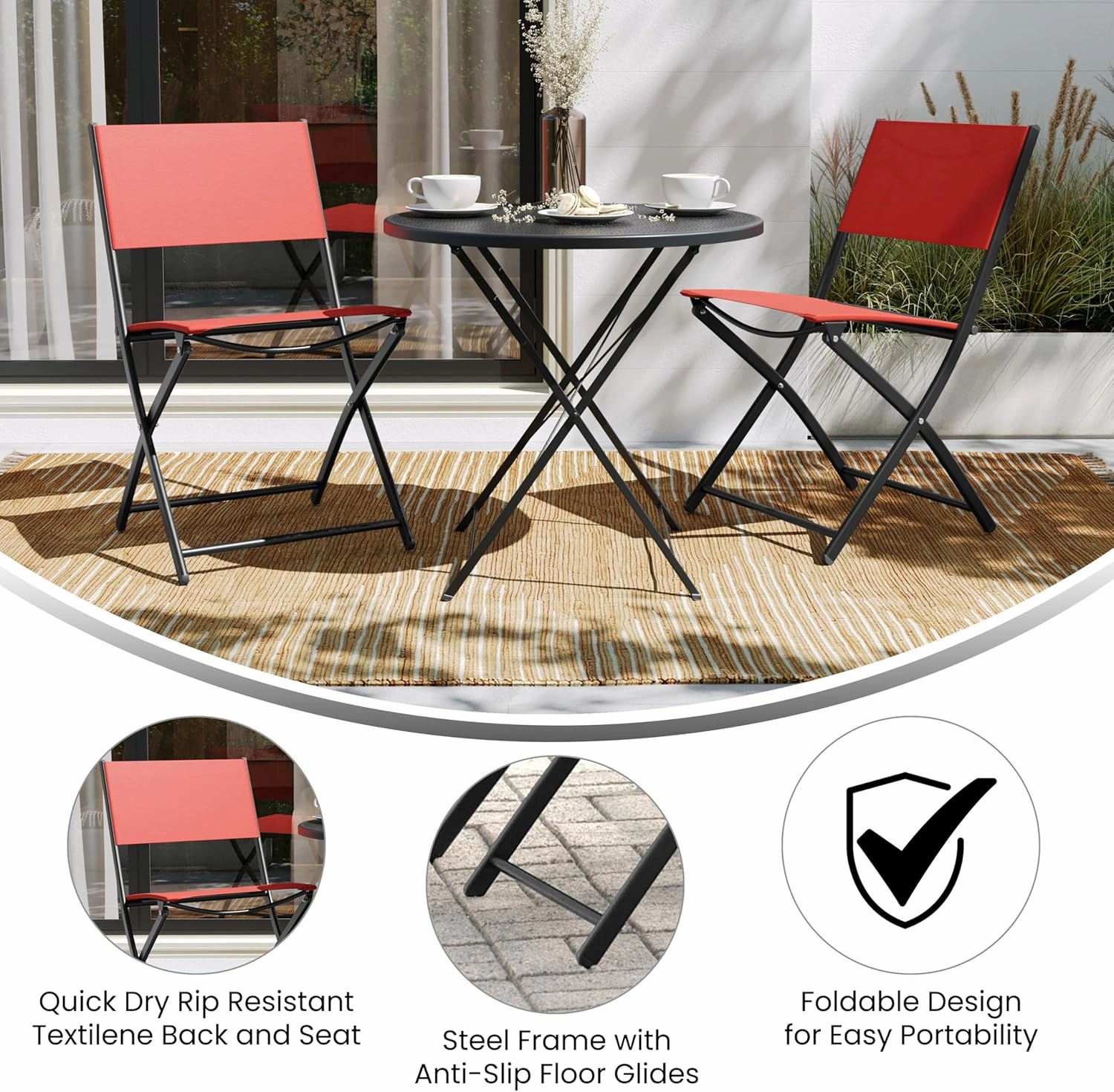 Flash Furniture Brazos Commercial Indoor-Outdoor Folding Chairs, Flex Comfort Backs/Seats, Metal Frames, Portable Lightweight Foldable Design, Set of 2, Red/Black
