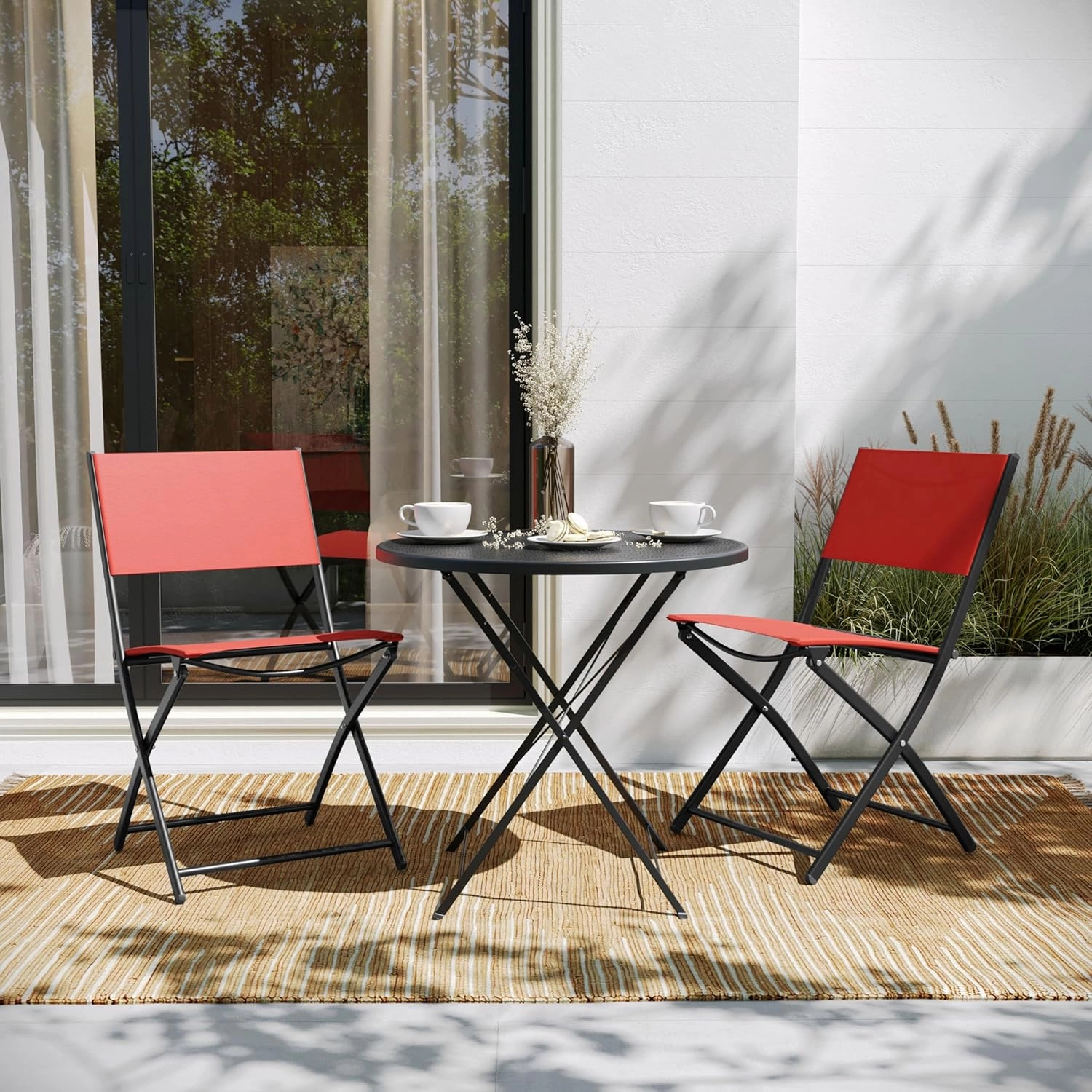 Flash Furniture Brazos Commercial Indoor-Outdoor Folding Chairs, Flex Comfort Backs/Seats, Metal Frames, Portable Lightweight Foldable Design, Set of 2, Red/Black