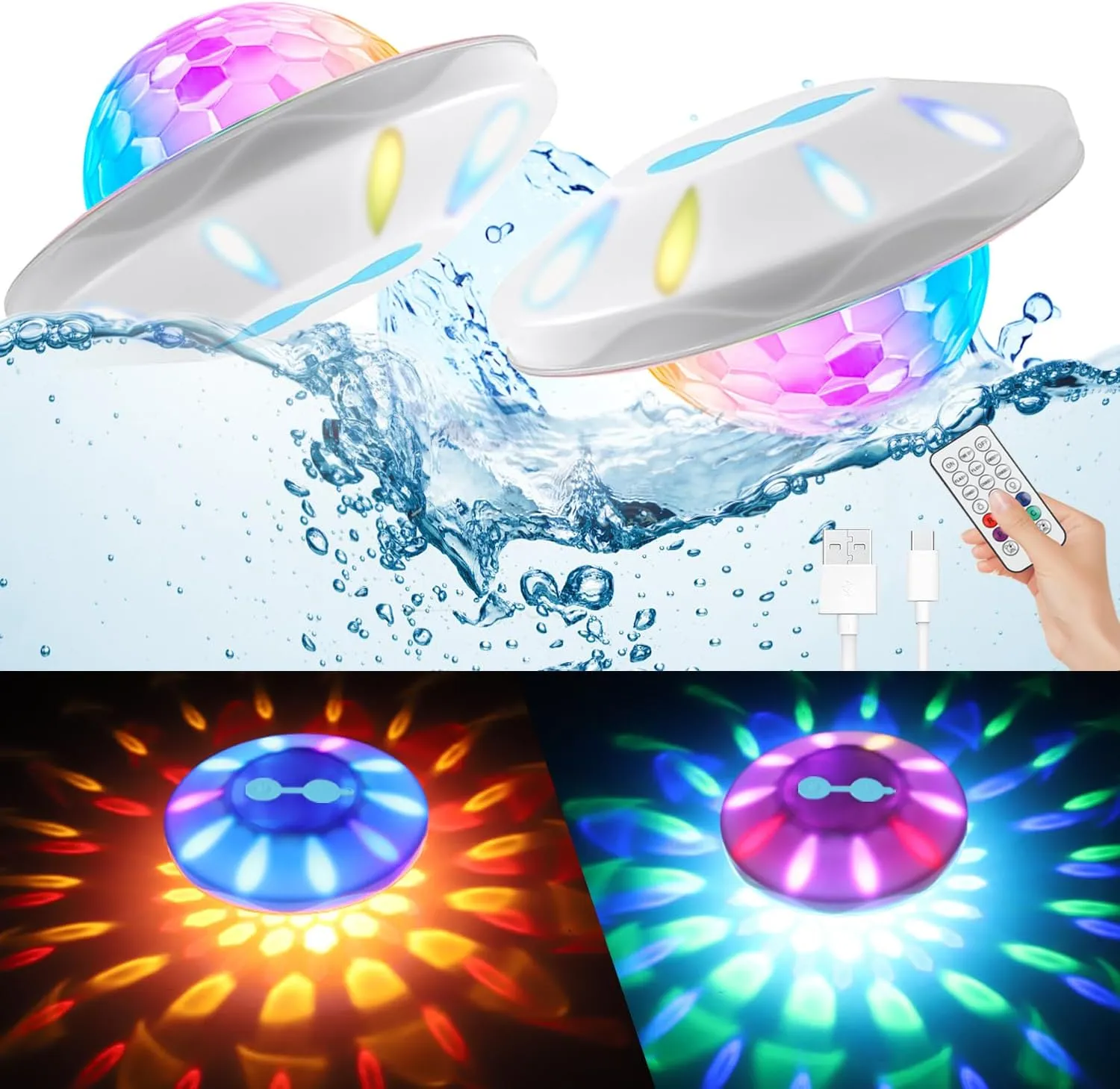 Floating Pool Lights, Pool Lights IP68 Waterproof, Rechargeable RGB Upper and Lower Color Changing Pool Floating Lights with 6 Dynamic Lighting, Floating Lights for Pool, Garden,Paths-2PACK