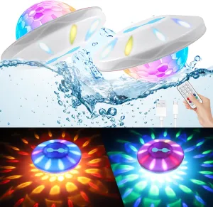 Floating Pool Lights, Pool Lights IP68 Waterproof, Rechargeable RGB Upper and Lower Color Changing Pool Floating Lights with 6 Dynamic Lighting, Floating Lights for Pool, Garden,Paths-2PACK