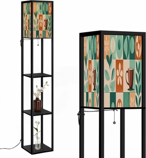 Floor Lamps with Shelves, Pattern Coffee Tea Theme Minimalistic Style Geometric Flat Colors Modern Standing Lamp Narrow Corner Display Bookshelf Lamp for Living Room, Bedroom, Office Decor