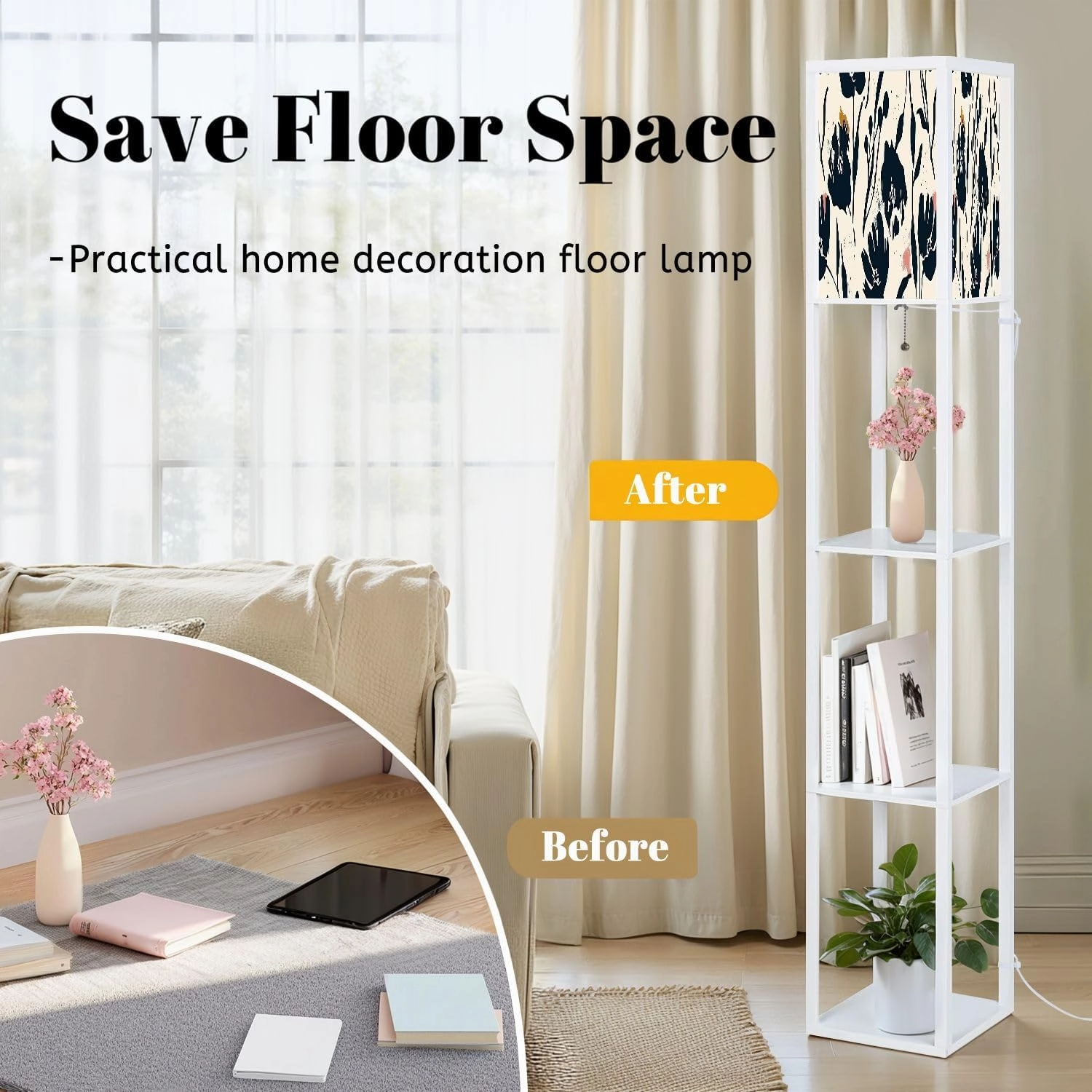 Flowers Hand Drawn Seamless Pattern Ink Brush Texture Floor Lamps with Shelves, Modern Standing Lamp Narrow Corner Display Bookshelf Lamp for Living Room, Bedroom, Office Decor