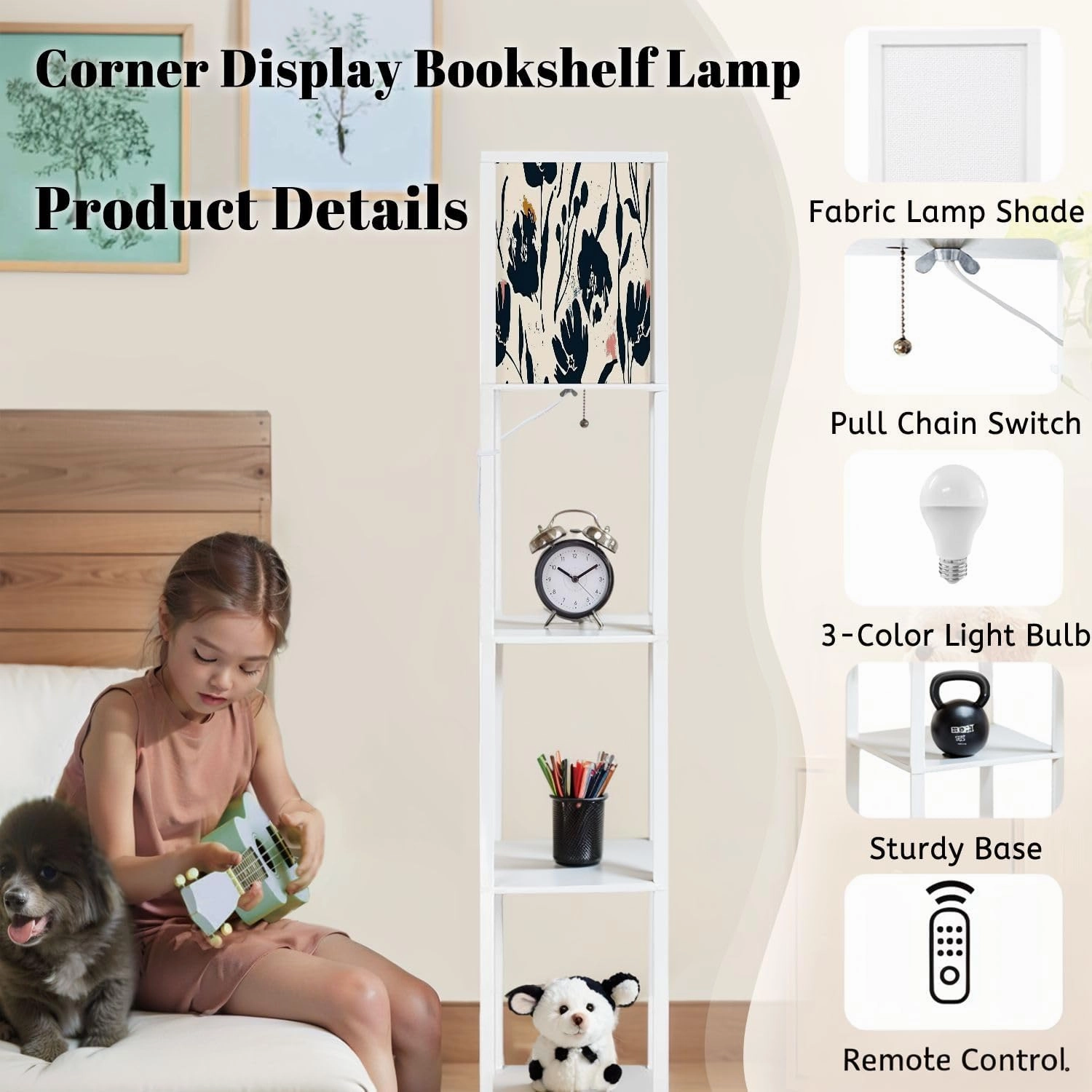 Flowers Hand Drawn Seamless Pattern Ink Brush Texture Floor Lamps with Shelves, Modern Standing Lamp Narrow Corner Display Bookshelf Lamp for Living Room, Bedroom, Office Decor