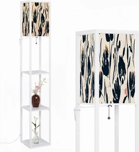 Flowers Hand Drawn Seamless Pattern Ink Brush Texture Floor Lamps with Shelves, Modern Standing Lamp Narrow Corner Display Bookshelf Lamp for Living Room, Bedroom, Office Decor