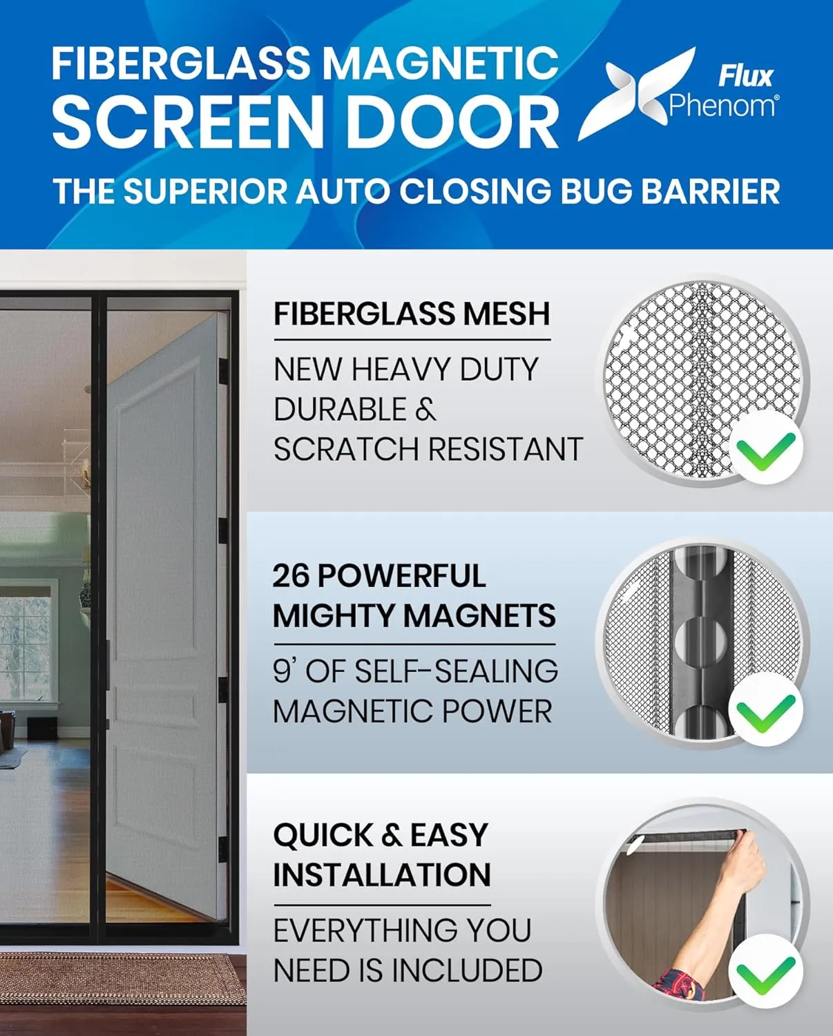 Flux Phenom Upgraded Screen Door Mesh 38x82 Inch – Easy Install, Strong Magnet Strength, Pet Tested, Hands-Free Entry, Door Screen Magnetic Closure, Keeps Bugs Out