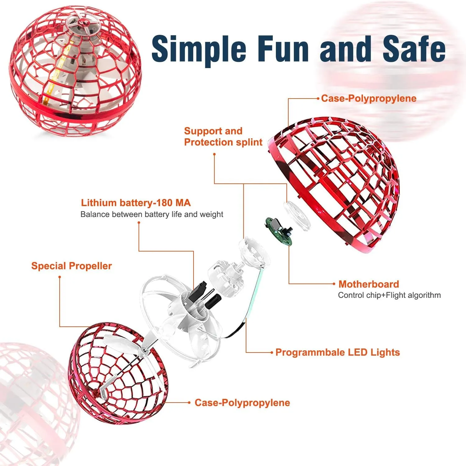 Flying Ball Toys for Boys Grils: 2024 Fly Orb Cosmic Globe Boomerang Hover Ball, Hand Mini Drone, Flying Toy Fly Spinners for Kids Teens Adults Indoor Outdoor Toys (Red)