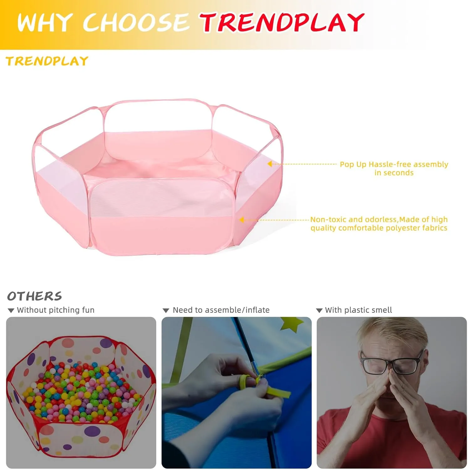 Foldable Ball Pit for Toddlers, Large Pop Up Ball Pits Kids Play Tent Crawl Playpen Ball Pool Playhouse Playpen with Storage Bag, for Boys Girls Dogs Cats Ferrets Indoor Outdoor, Light Pink