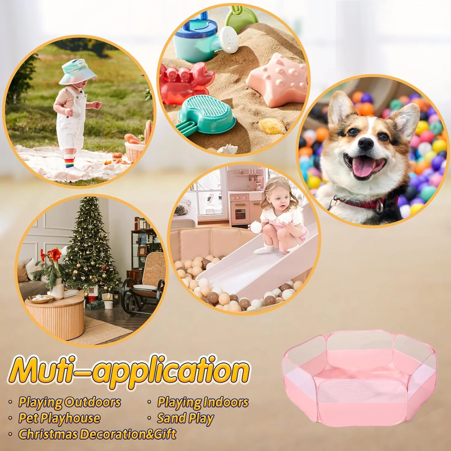 Foldable Ball Pit for Toddlers, Large Pop Up Ball Pits Kids Play Tent Crawl Playpen Ball Pool Playhouse Playpen with Storage Bag, for Boys Girls Dogs Cats Ferrets Indoor Outdoor, Light Pink