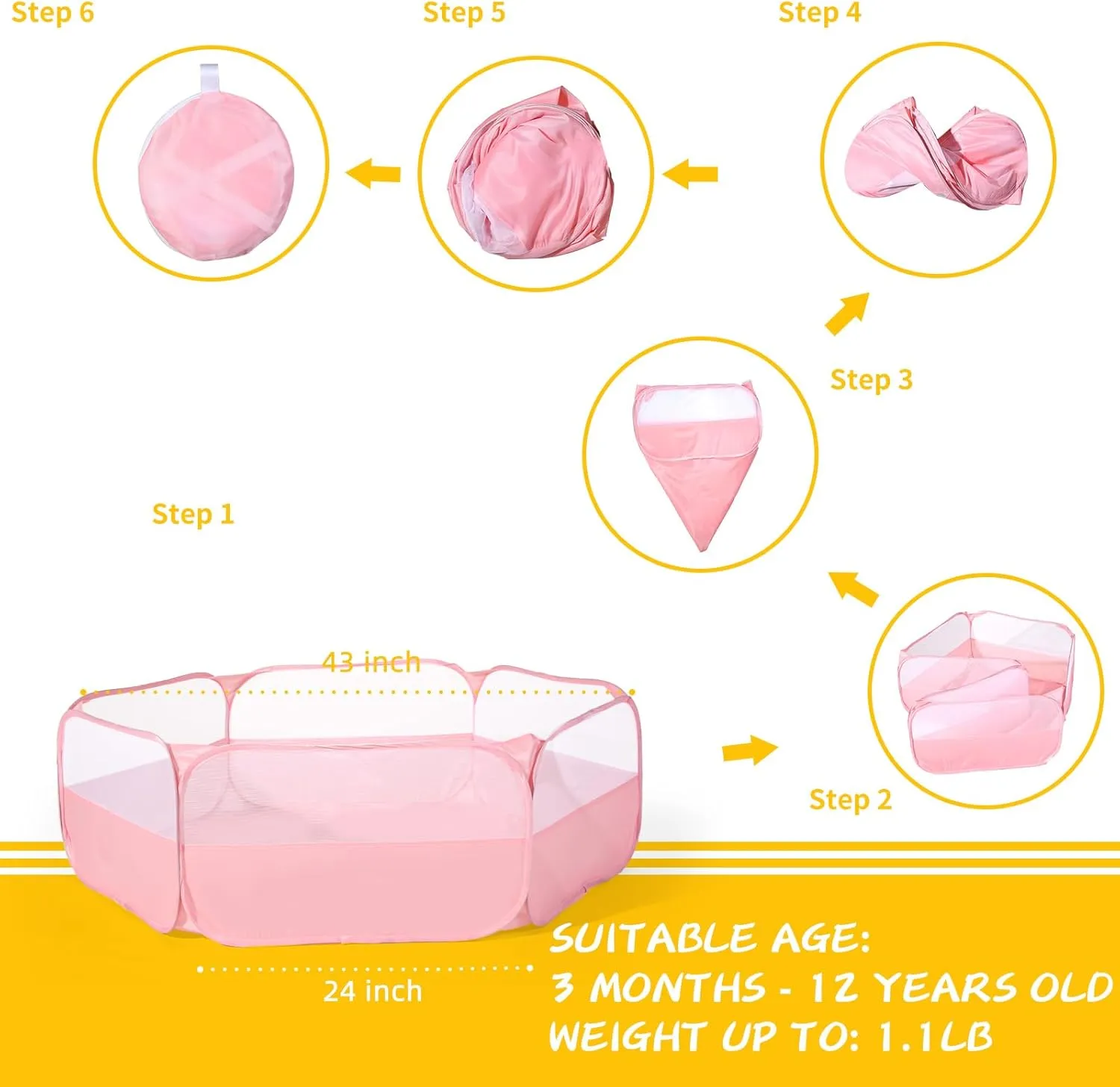 Foldable Ball Pit for Toddlers, Large Pop Up Ball Pits Kids Play Tent Crawl Playpen Ball Pool Playhouse Playpen with Storage Bag, for Boys Girls Dogs Cats Ferrets Indoor Outdoor, Light Pink