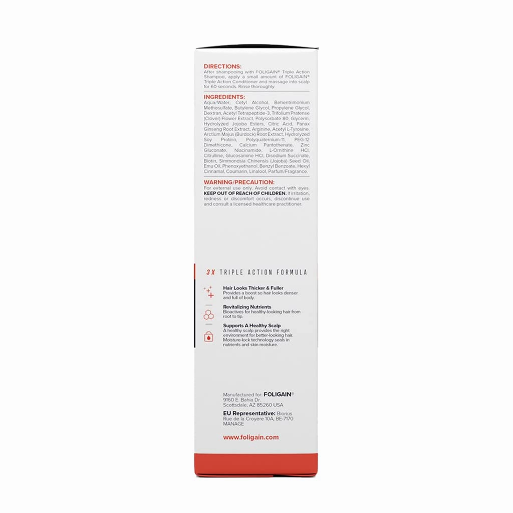 Foligain Triple Action Conditioner For Thinning Hair, Volumizing Conditioner for Men, 8 Fl. Oz.