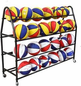 Football Rack Ball Organizer，Large Capacity Rolling Ball Storage Cart for Kindergarten School, Floor Standing Heavy Duty 4 Tier Basketball Football Display Rack Holder with Lockable Wheels (