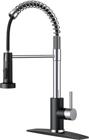 FORIOUS Kitchen Faucets with Pull Down Sprayer, Stainless Steel Commercial Single Handle Classic Spring Pull Out Sink Faucet for Farmhouse Camper Laundry Utility Room, Black Chrome