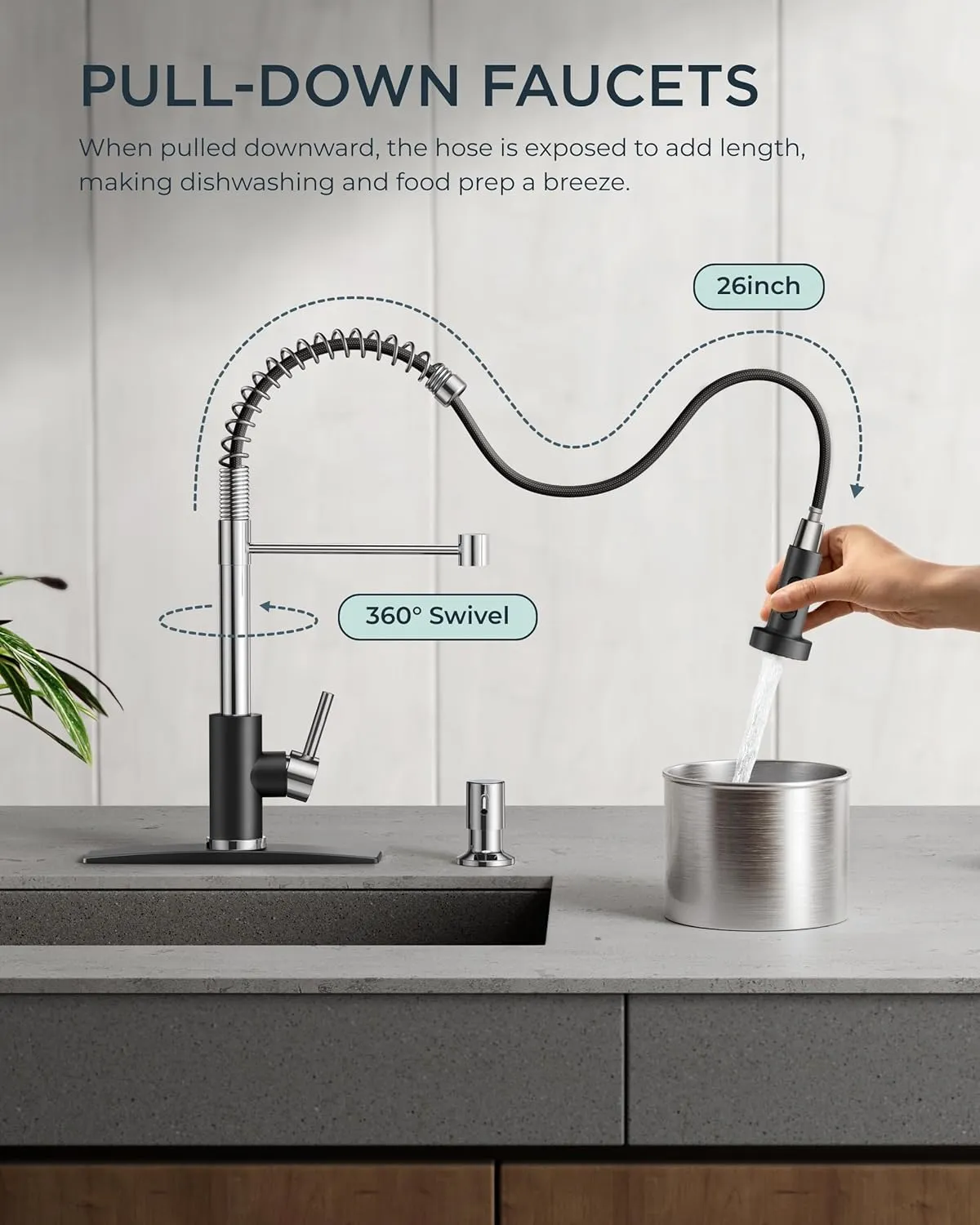 FORIOUS Kitchen Faucets with Pull Down Sprayer, Stainless Steel Commercial Single Handle Classic Spring Pull Out Sink Faucet for Farmhouse Camper Laundry Utility Room, Black Chrome