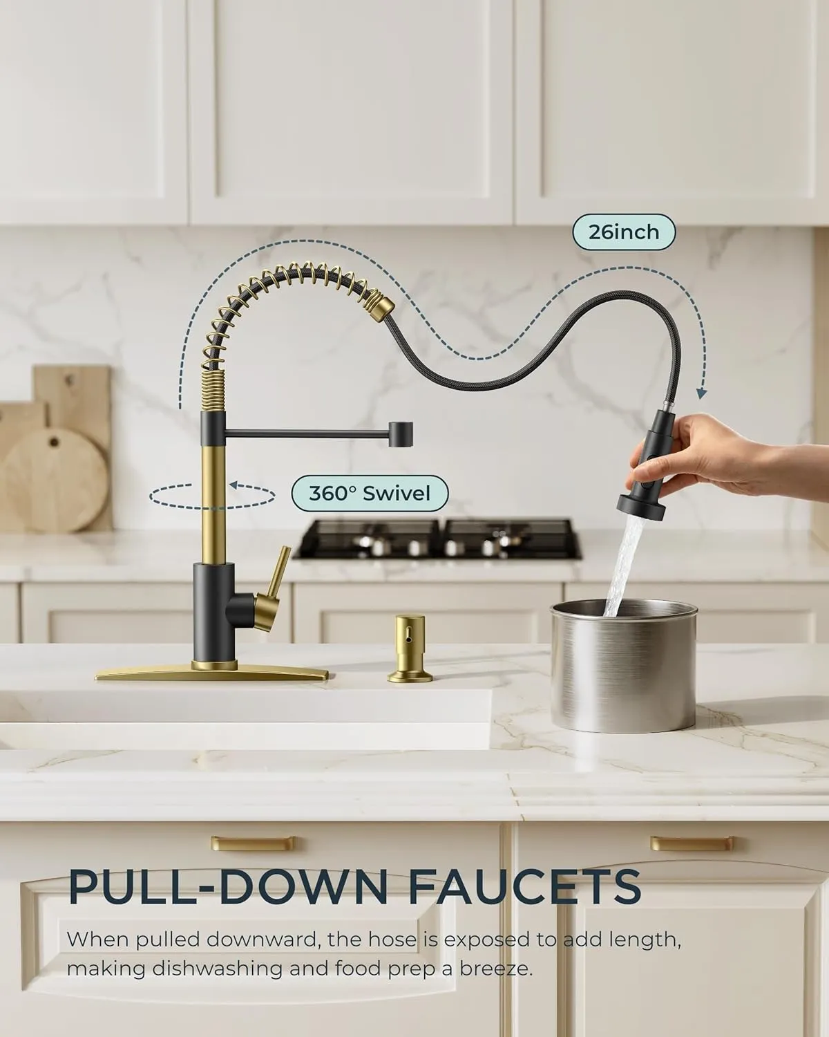 FORIOUS Kitchen Faucets with Pull Down Sprayer, Stainless Steel Commercial Single Handle Classic Spring Pull Out Sink Faucet for Farmhouse Camper Laundry Utility Room, Black Gold