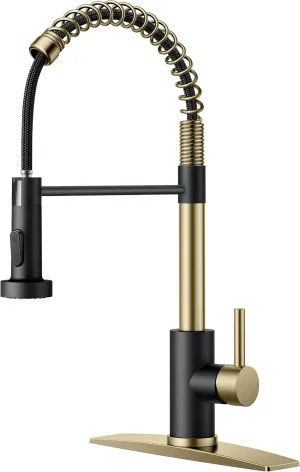 FORIOUS Kitchen Faucets with Pull Down Sprayer, Stainless Steel Commercial Single Handle Classic Spring Pull Out Sink Faucet for Farmhouse Camper Laundry Utility Room, Black Gold