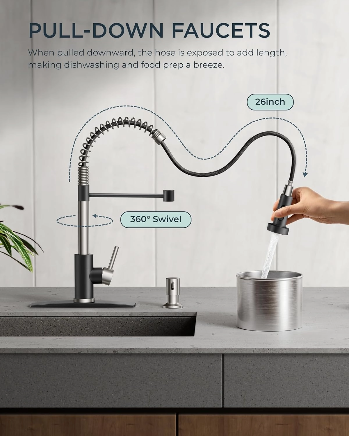 FORIOUS Kitchen Faucets with Pull Down Sprayer, Stainless Steel Commercial Single Handle Classic Spring Pull Out Sink Faucet for Farmhouse Camper Laundry Utility Room, Black Brushed