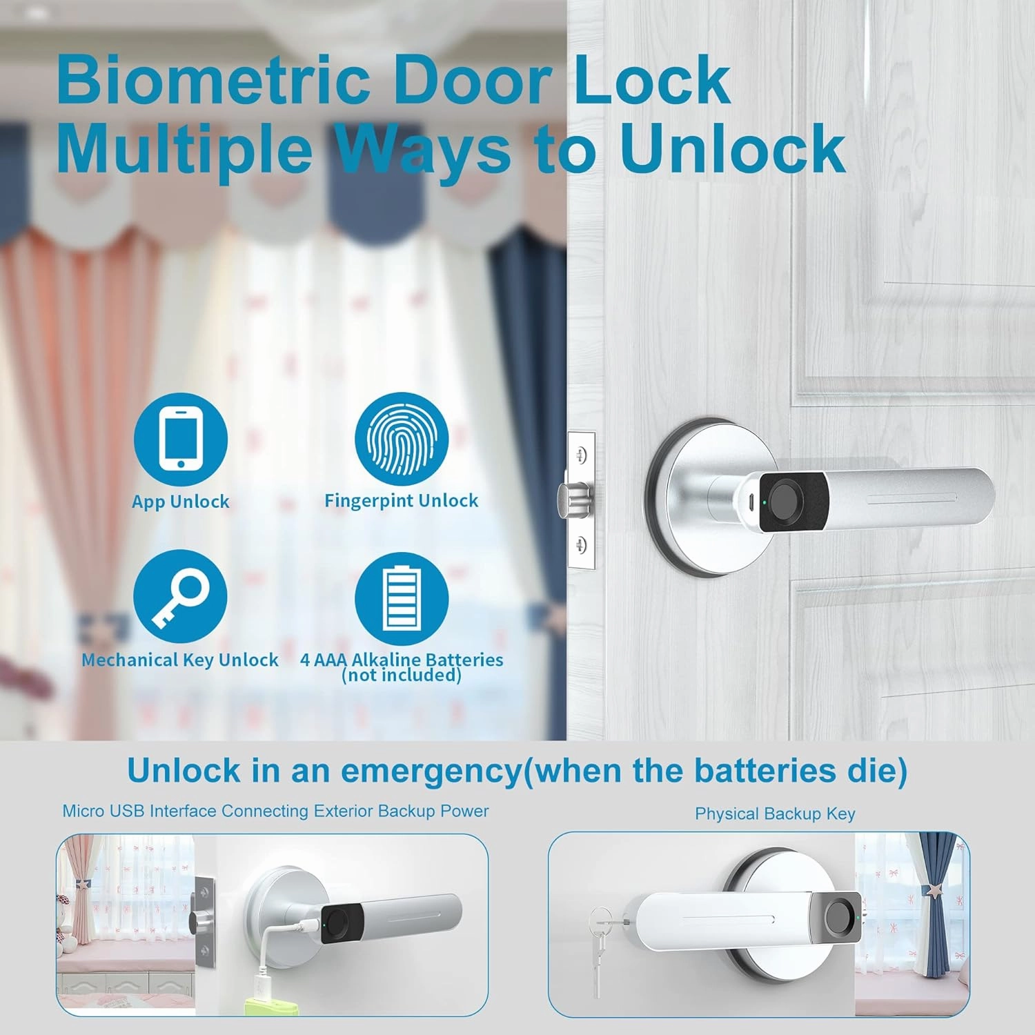 Foxgard Smart Fingerprint Door Lock Biometric Door Lock with Smart APP Fingerprint Door Knob Remote Control with APP Smart Door Knob for Home/Bedroom/Office/Apartment/Airbnb Silver