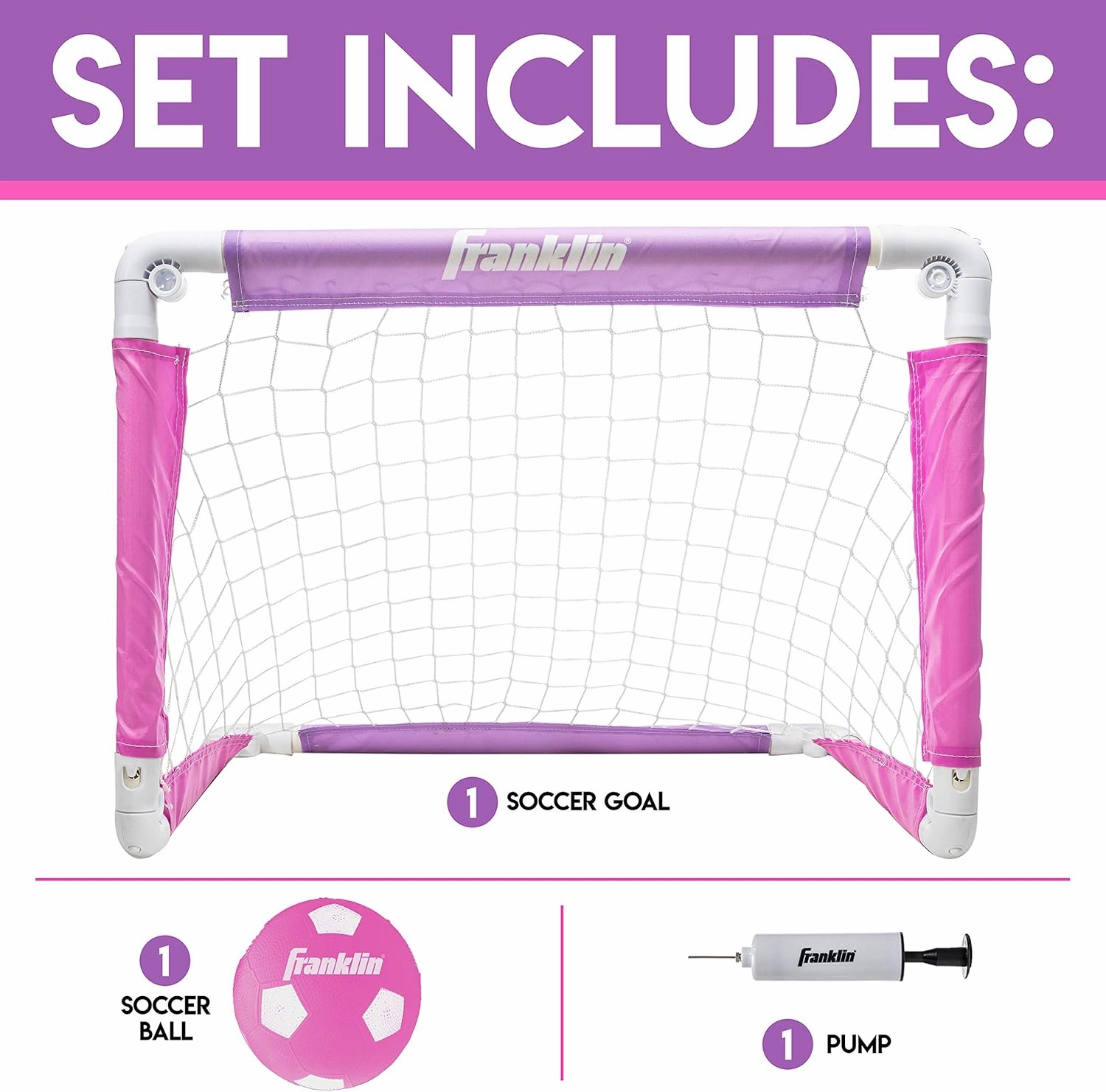 Franklin Sports Kids Soccer Goal with Ball and Pump – 24inch x 16inch Folding Goal – Great for Backyard or Indoor Play – Pink/Purple
