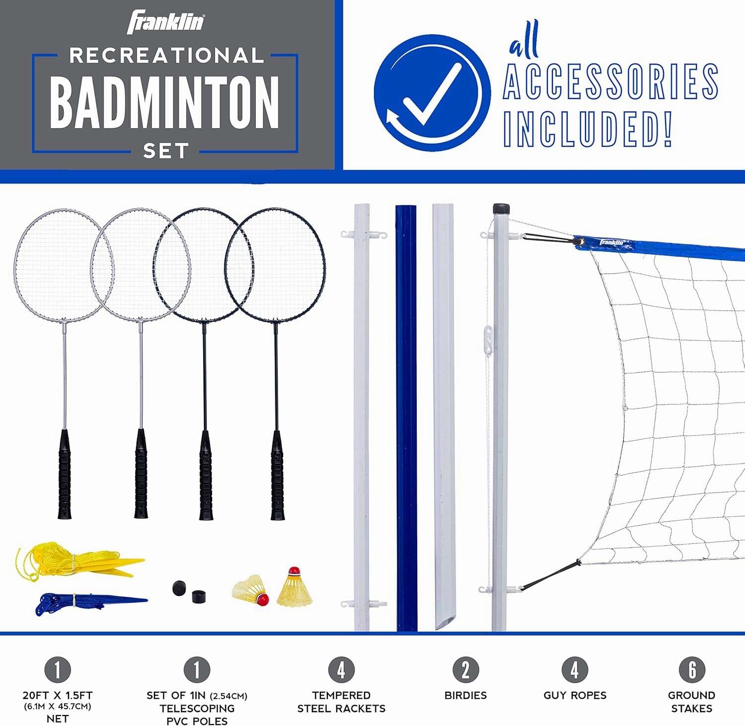 Franklin Sports Portable Badminton Set - Adult and Kids Badminton Net - Perfect Backyard/Lawn Game - Includes 4 Racquets - Recreational