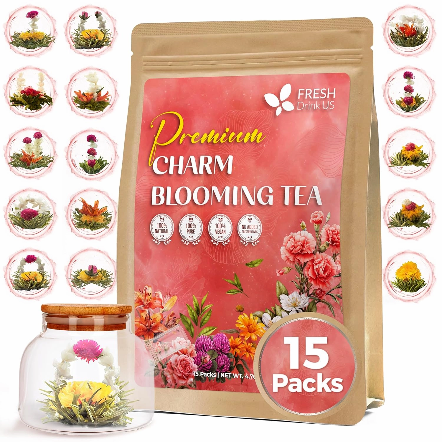 FreshDrinkUS, Premium 15 Flowering Tea Balls – Green Tea, Lily, Jasmine, Rose, Gomphrena & More – Beautiful Hand-Tied Blooming Teas for Relaxation & Wellness – Caffeine-Free. Ideal Gift for Tea Lovers