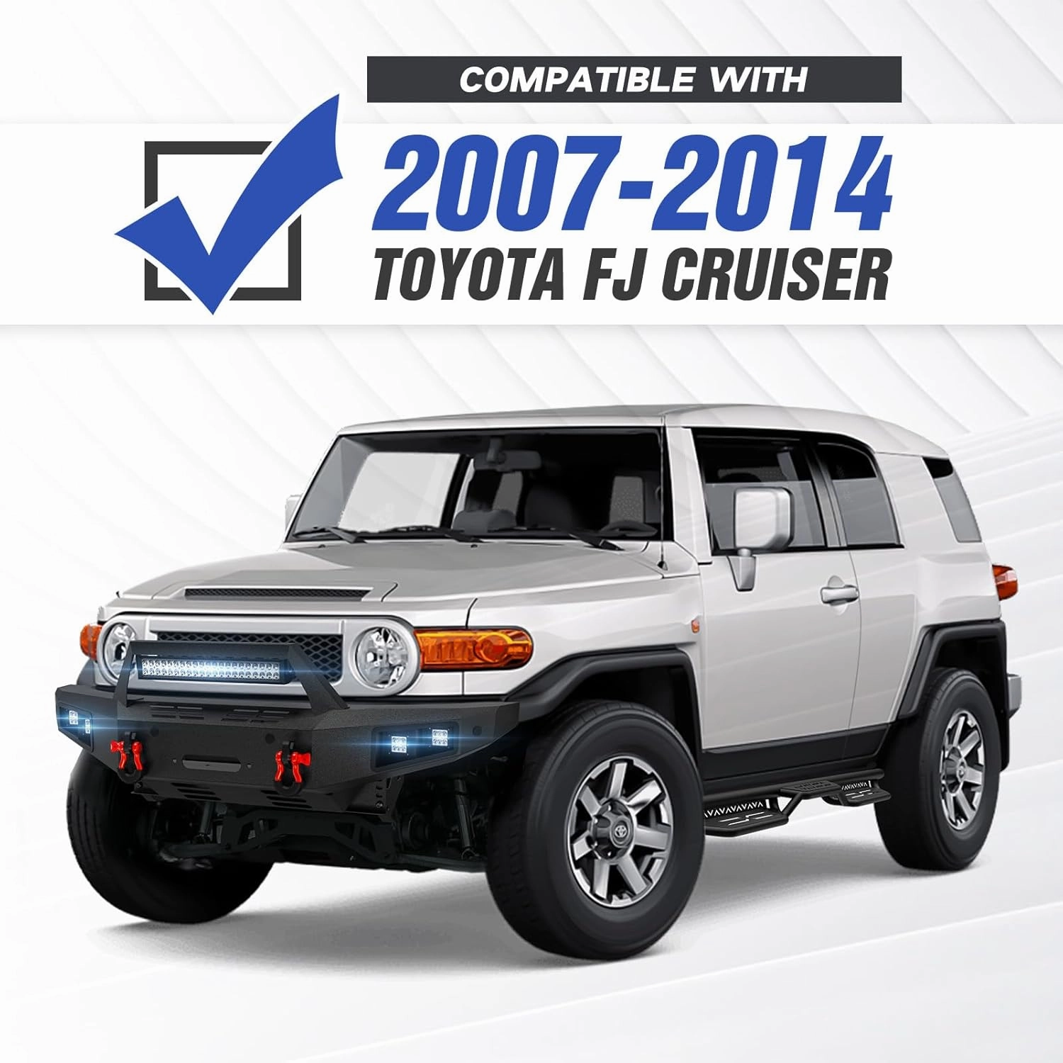 Front and Rear Bumper Compatible with 2007-2014 Toyota FJ Cruiser 1st Gen Equipped with Winch Plate, LED Lights, Skid Plate, License Plate Bracket, Sensor Holes, Tow Hitch Plate & D-rings, Black