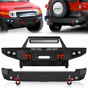 Front and Rear Bumper Compatible with 2007-2014 Toyota FJ Cruiser 1st Gen Equipped with Winch Plate, LED Lights, Skid Plate, License Plate Bracket, Sensor Holes, Tow Hitch Plate & D-rings, Black