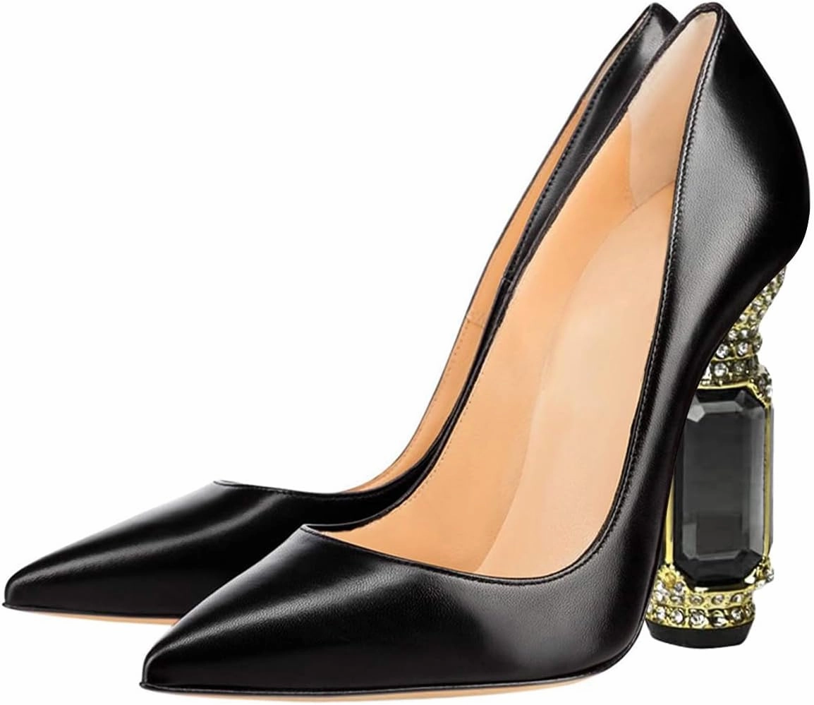 FSJ Women Bridal Pointed Toe Chunky High Heel Crystal Pumps Slip on Wedding Thick Comfort Unique Shoes Size 4-15 US