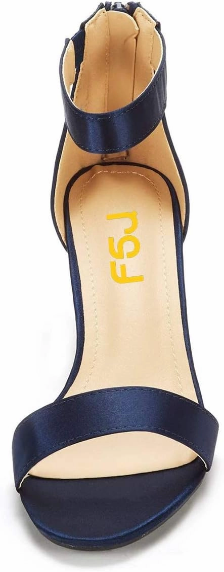 FSJ Women Comfy Ankle Strap Zipper Medium Rhinestone Chunky Heels Peep Toe Pull On Classic Travel Sandals Size 4-15 M US