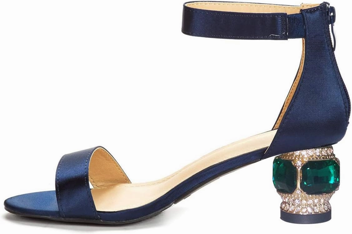FSJ Women Comfy Ankle Strap Zipper Medium Rhinestone Chunky Heels Peep Toe Pull On Classic Travel Sandals Size 4-15 M US