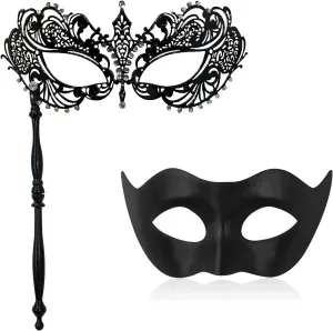 FunMular Couple Masquerade Mask with Stick Metal Masks Halloween Venetian Costume Mardi Gras Mask for Women & Men
