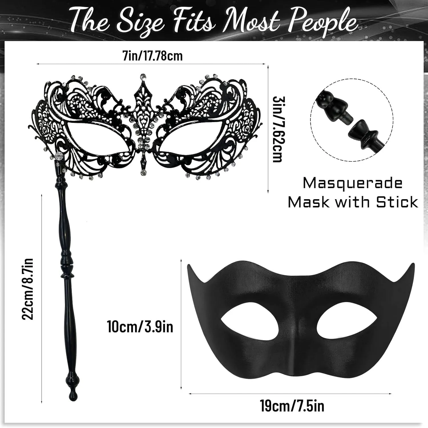 FunMular Couple Masquerade Mask with Stick Metal Masks Halloween Venetian Costume Mardi Gras Mask for Women & Men