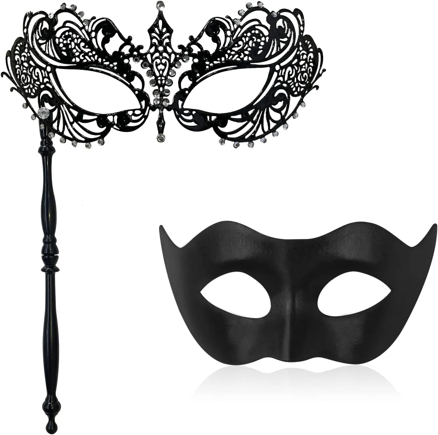 FunMular Couple Masquerade Mask with Stick Metal Masks Halloween Venetian Costume Mardi Gras Mask for Women & Men