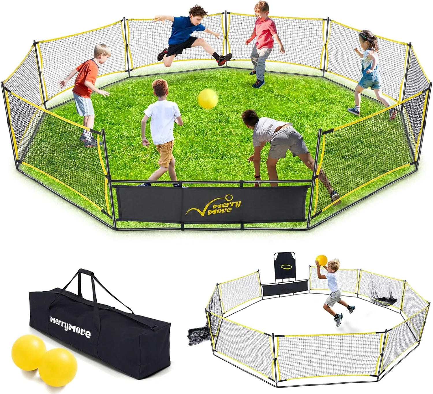 Gaga Ball Pit Portable: 15FT 3in1 Gaga Pit with Basketball Hoop and Soccer Goals - Play System for Kids 4 to 12 Years Old Indoor Outdoor for Backyard School Camp Activities