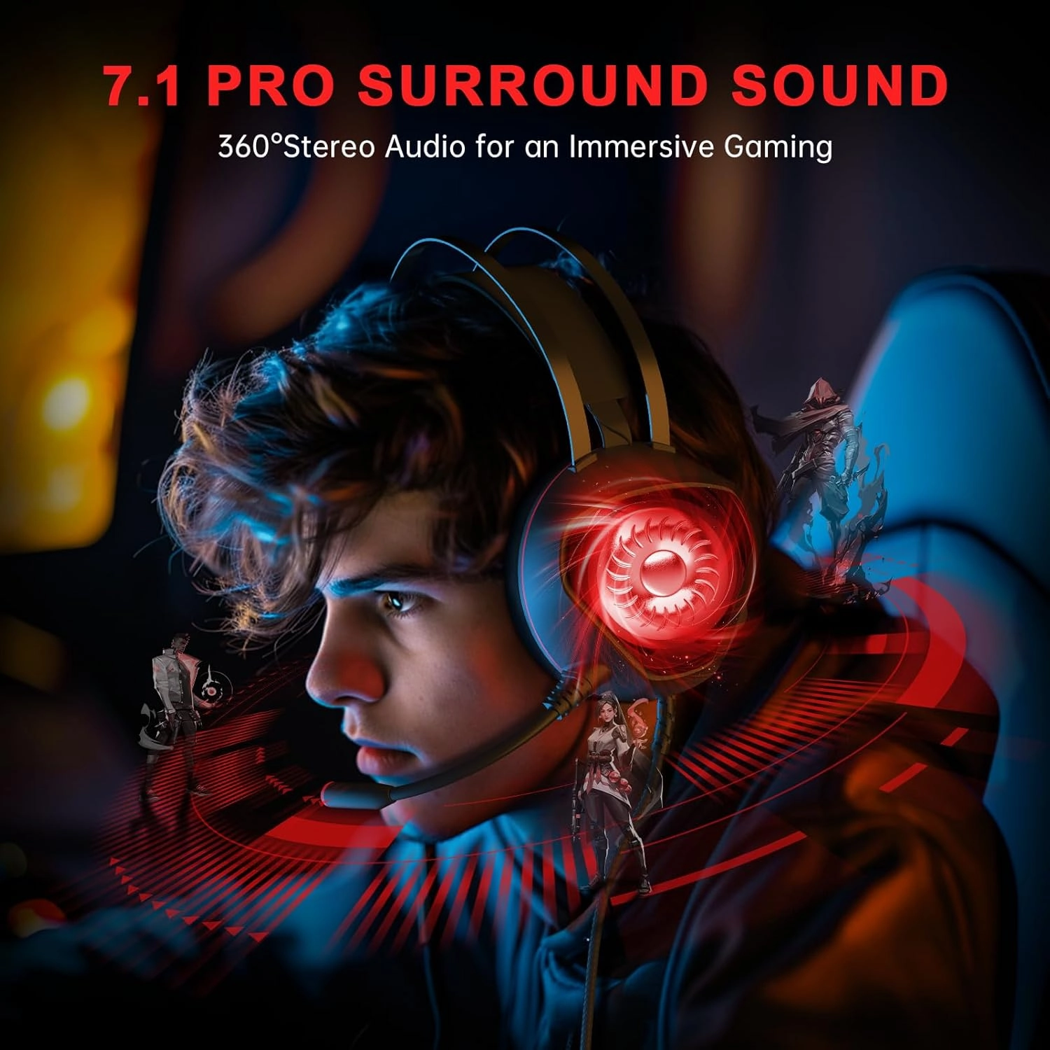 Gaming Headset for Xbox Series X/S, Xbox One, PS5, PS4, PC with 7.1 Surround Sound, Wired Gaming Headphone with Noise Cancelling Mic, Dynamic RGB Light for Xbox Controller, Switch (BlackRed)