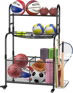 Garage Garage Sports Equipment Organizer - Rolling Ball Storage Bin with Wheels and Rope Sports Equipment Organizer - Rolling Ball Storage Bin with Wheel, Black