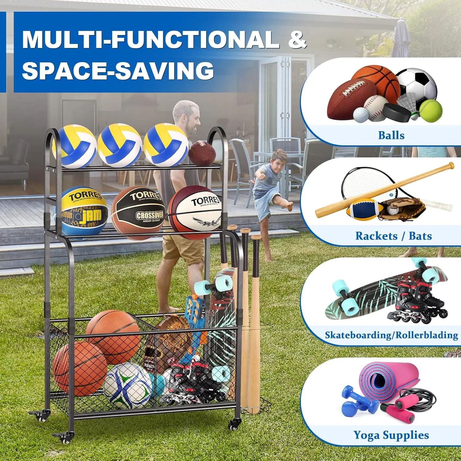 Garage Garage Sports Equipment Organizer - Rolling Ball Storage Bin with Wheels and Rope Sports Equipment Organizer - Rolling Ball Storage Bin with Wheel, Black
