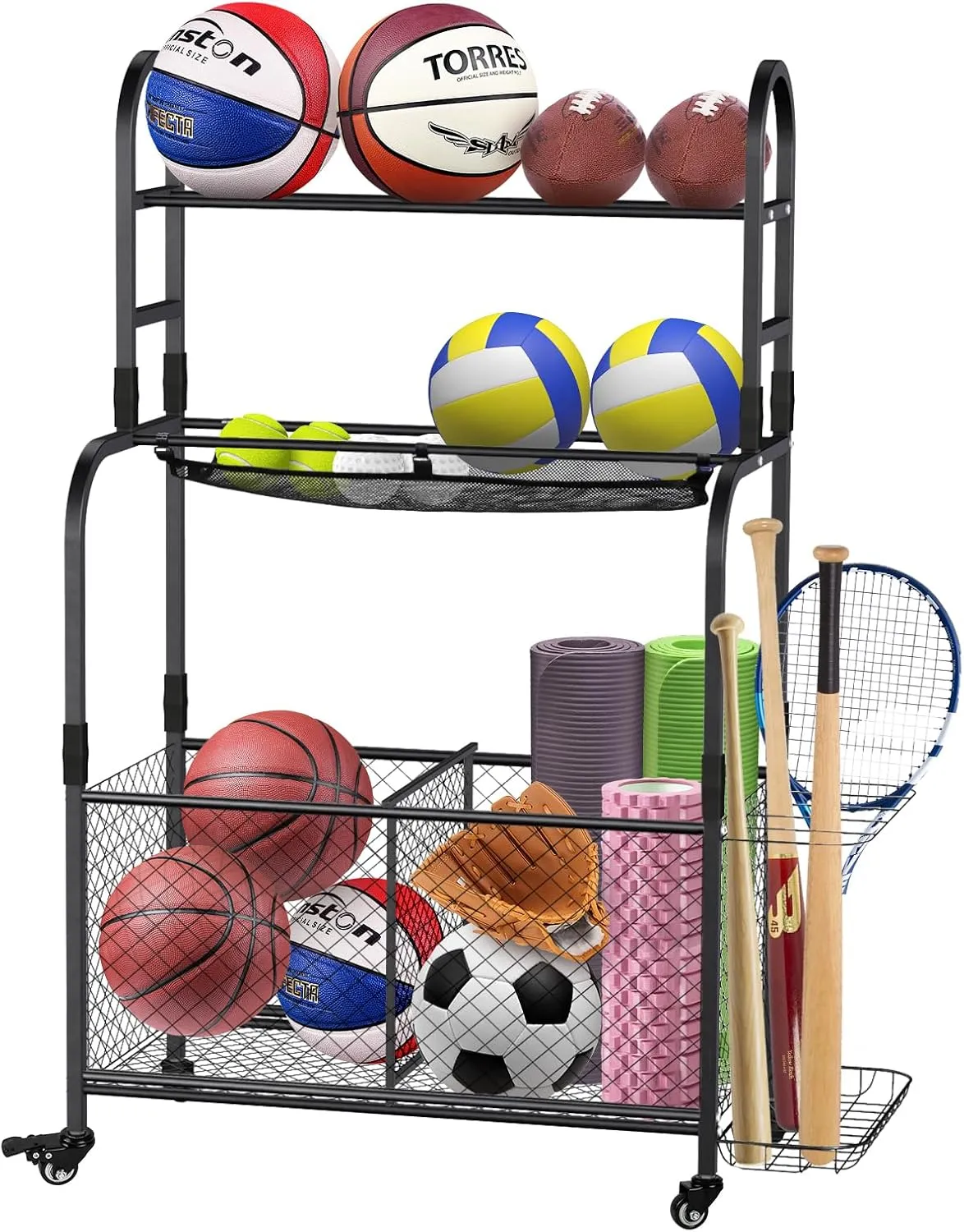 Garage Garage Sports Equipment Organizer - Rolling Ball Storage Bin with Wheels and Rope Sports Equipment Organizer - Rolling Ball Storage Bin with Wheel, Black