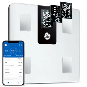 GE Smart Body Fat Scale: with BMI for Body Weight and Fat Percentage Composition Digital Bathroom Weight Scale Bluetooth with Large LCD Display Accurate Weighing 396lbs White