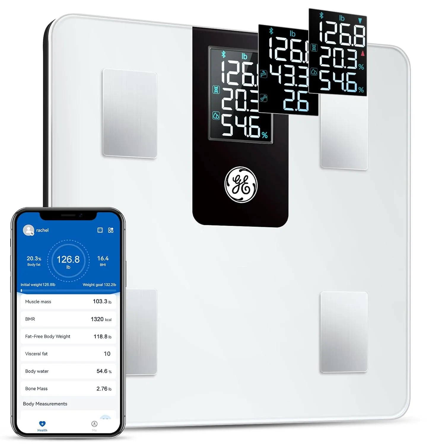 GE Smart Body Fat Scale: with BMI for Body Weight and Fat Percentage Composition Digital Bathroom Weight Scale Bluetooth with Large LCD Display Accurate Weighing 396lbs White