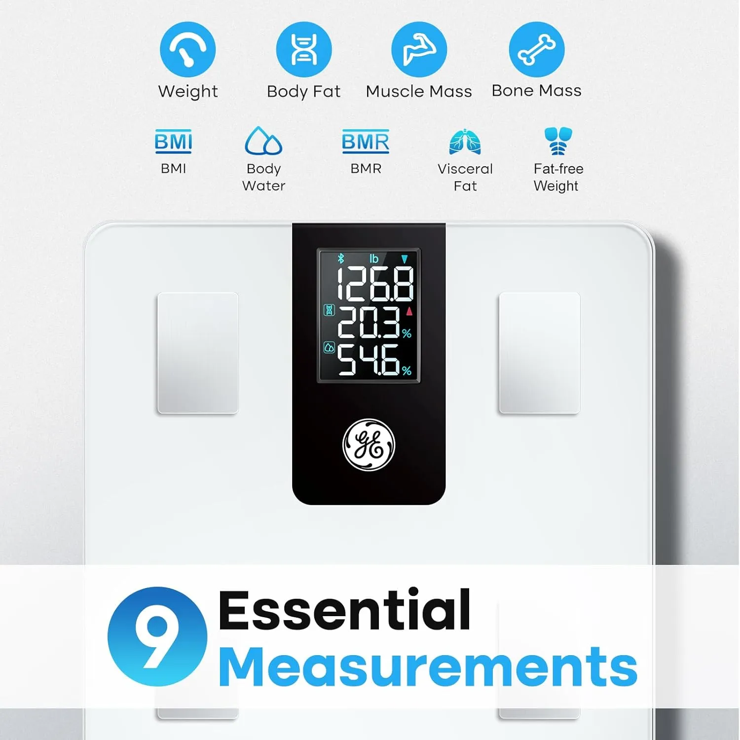 GE Smart Body Fat Scale: with BMI for Body Weight and Fat Percentage Composition Digital Bathroom Weight Scale Bluetooth with Large LCD Display Accurate Weighing 396lbs White