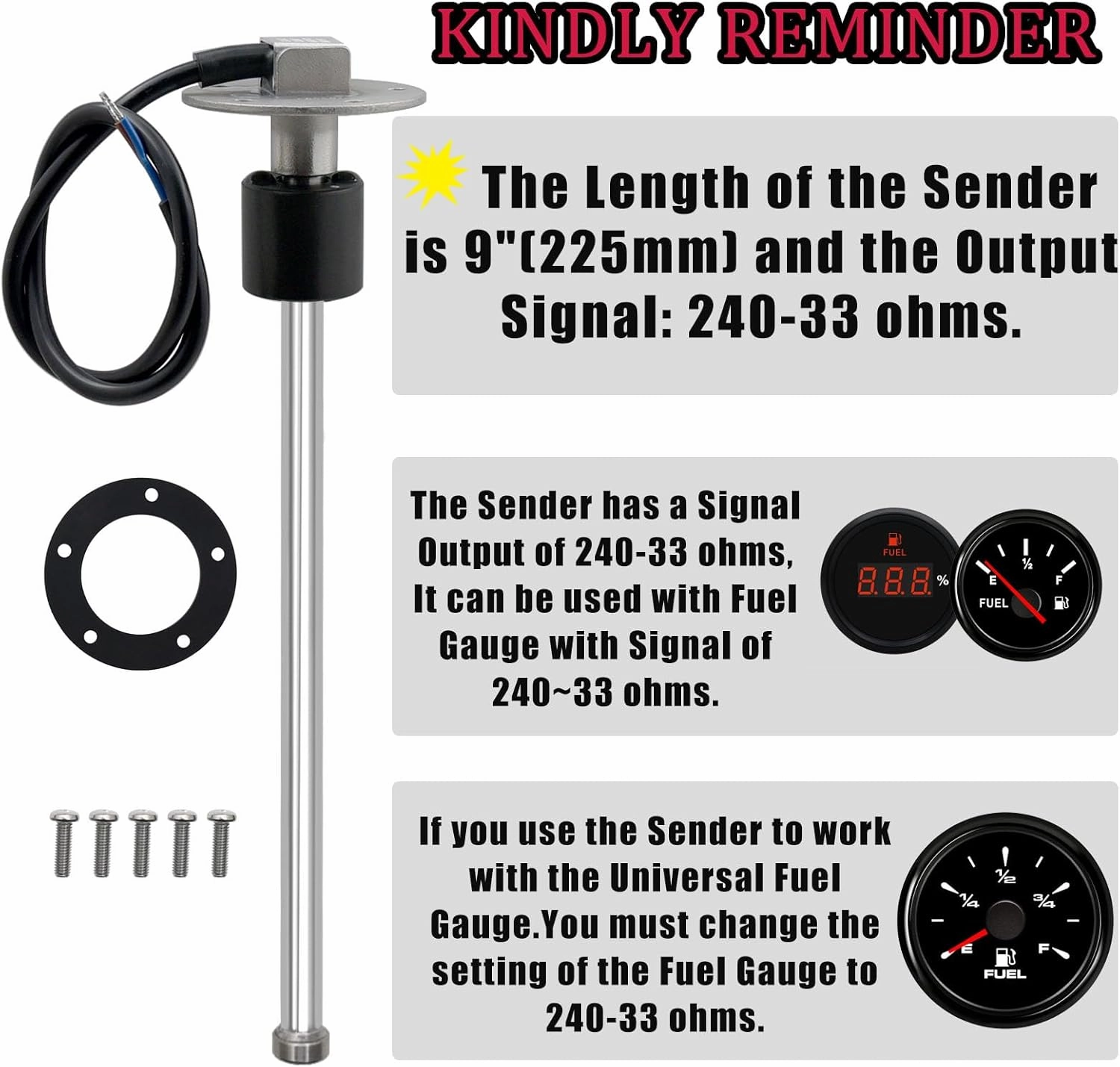 Geloo 240-33 Ohms Marine Fuel Sending Unit - Stainless Steel Gas Sender Level Gauge Sensor for Boats - 5 Hole Lever Unit for Fuel & Water Gauges - 9"(225mm)
