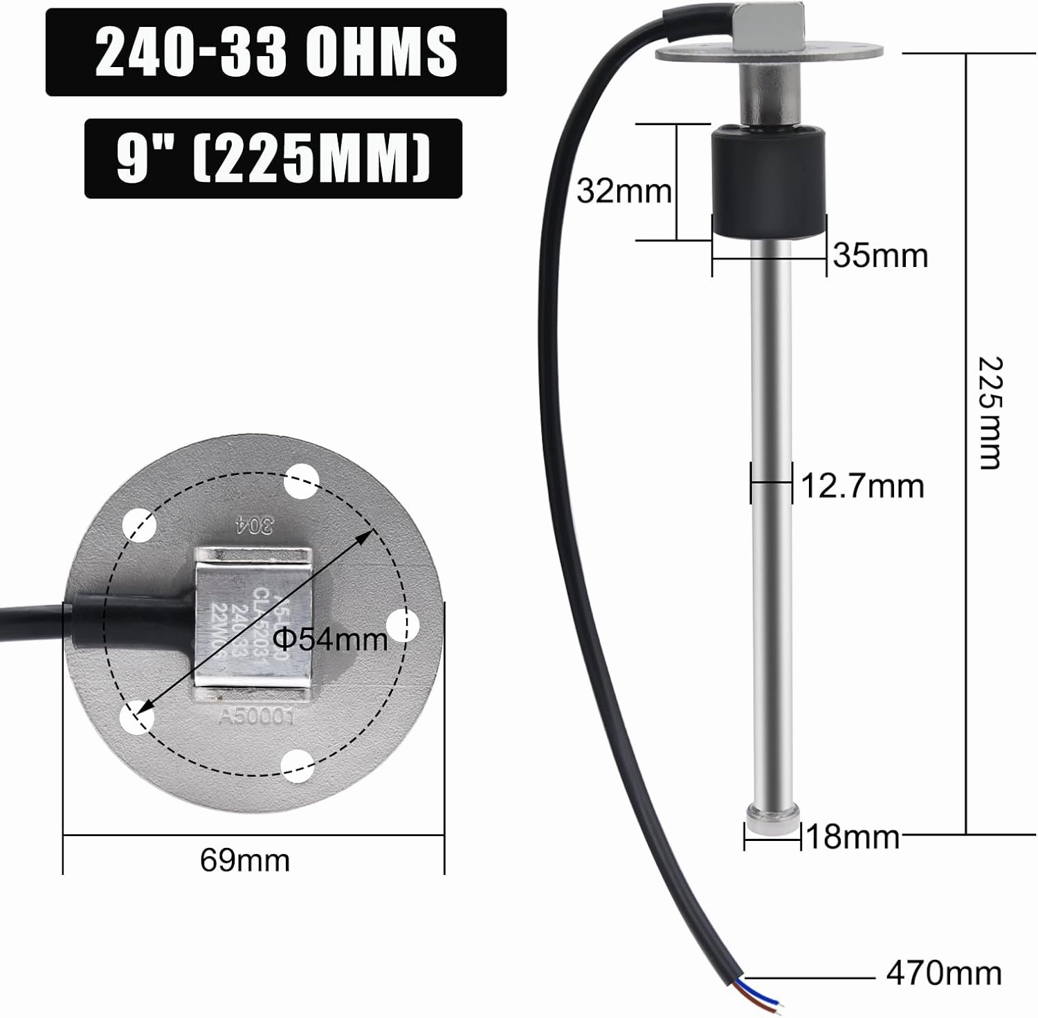 Geloo 240-33 Ohms Marine Fuel Sending Unit - Stainless Steel Gas Sender Level Gauge Sensor for Boats - 5 Hole Lever Unit for Fuel & Water Gauges - 9"(225mm)