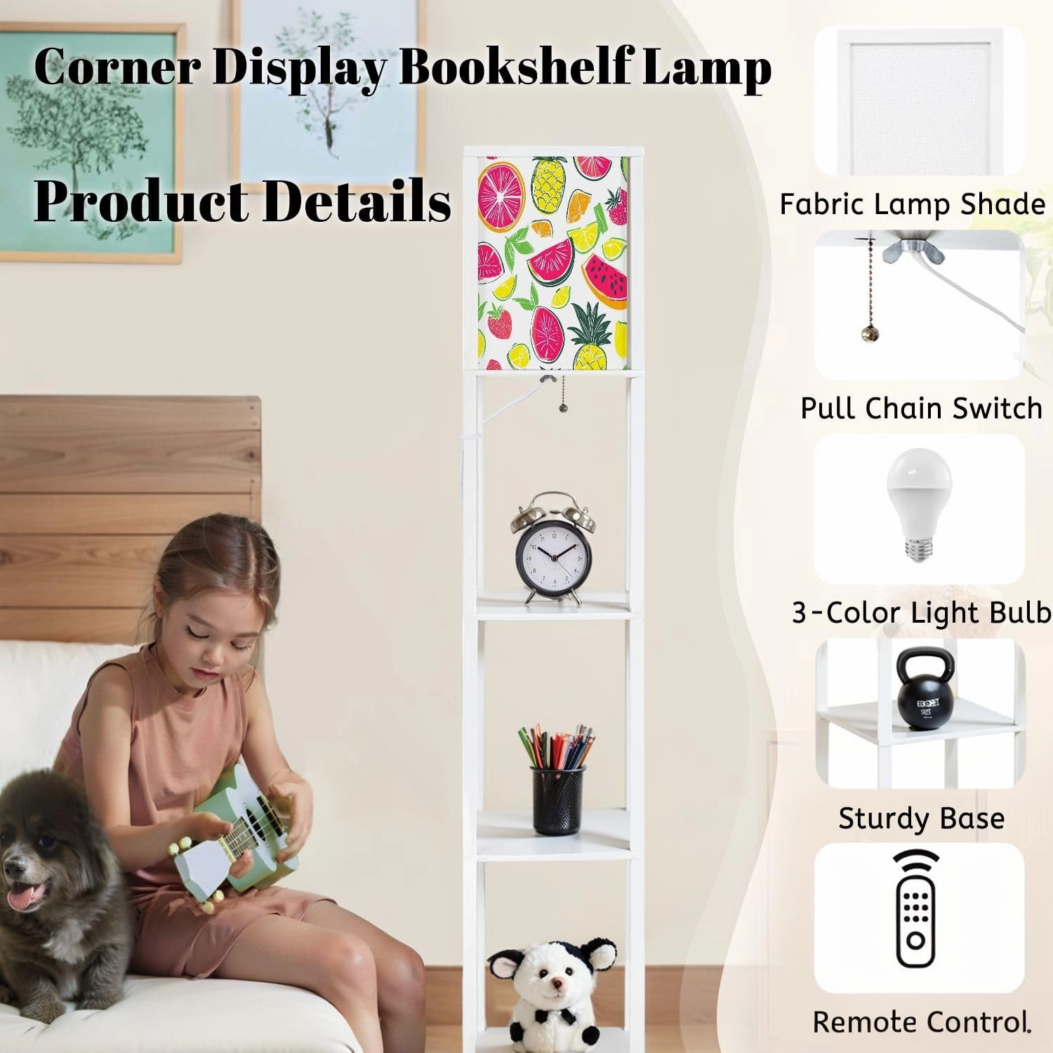 Girlish Funny Wallpapers Seamless Pattern Yellow Floor Lamps with Shelves, Modern Standing Lamp Narrow Corner Display Bookshelf Lamp for Living Room, Bedroom, Office Decor