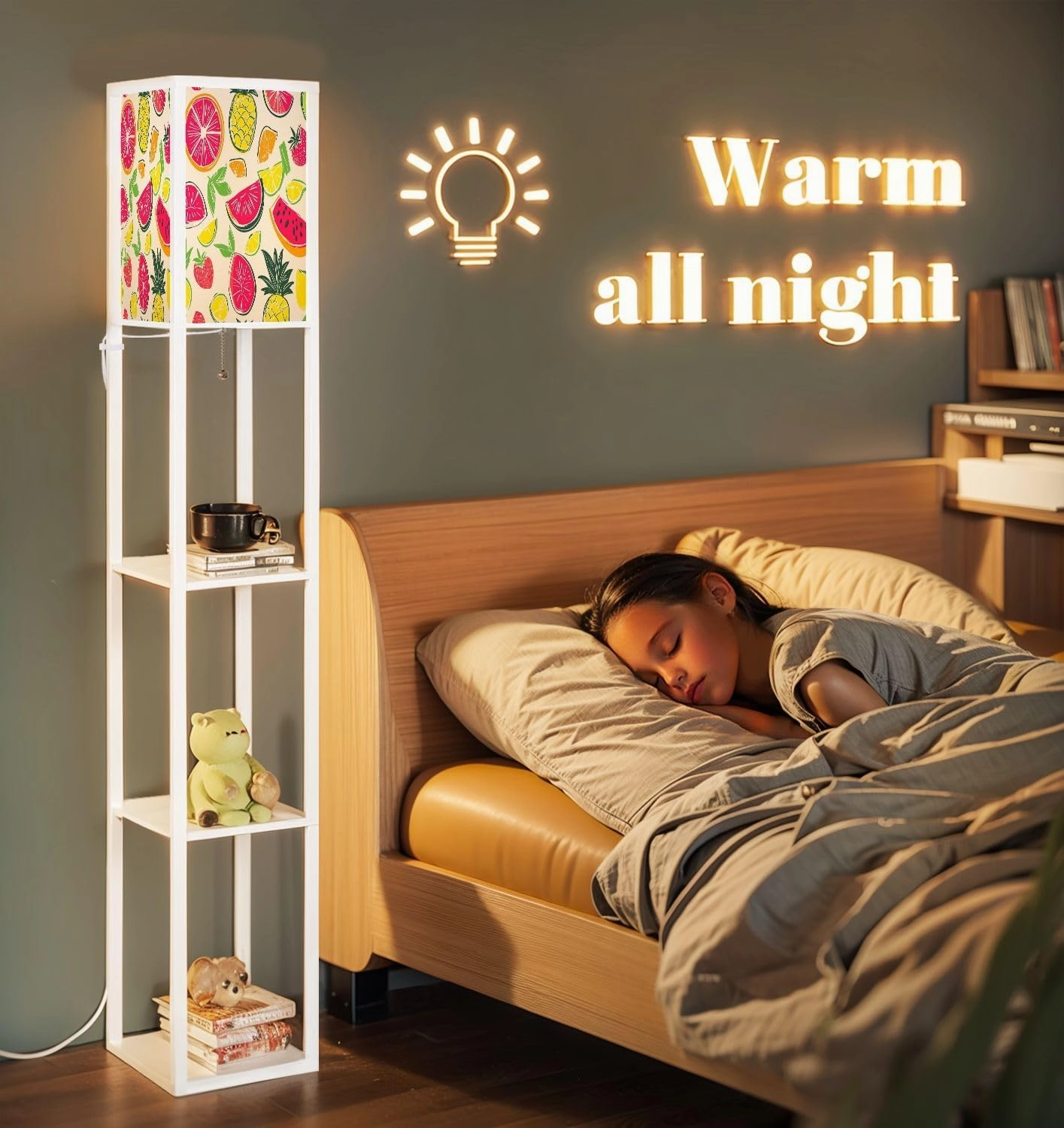 Girlish Funny Wallpapers Seamless Pattern Yellow Floor Lamps with Shelves, Modern Standing Lamp Narrow Corner Display Bookshelf Lamp for Living Room, Bedroom, Office Decor